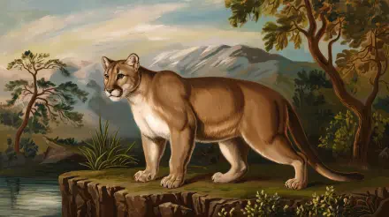 A majestic mountain lion stands on a rocky ledge, surrounded by lush vegetation and mountains in the background, captured in stunning 4K Ultra HD for a desktop wallpaper.