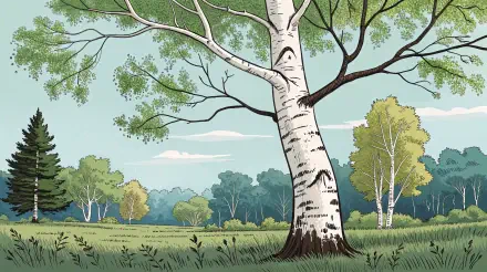 A serene birch tree stands prominently in a lush green landscape, with a backdrop of diverse trees under a light blue sky, captured in vibrant 4K Ultra HD quality.