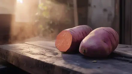 A close-up of fresh sweet potatoes on a wooden surface, with one cut in half, illuminated by warm, natural light, creating a rich and inviting 4K Ultra HD background.