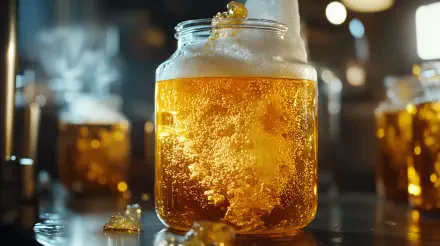 A close-up of a jar of kombucha with vibrant bubbles and a frothy top, showcasing rich amber colors. This 4K Ultra HD desktop wallpaper captures the essence of this fermented beverage.