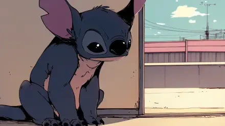 A colorful HD wallpaper featuring Stitch from the TV show Lilo & Stitch, seated near an open door, with a bright sky backdrop.