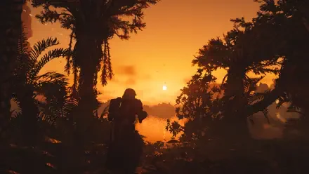 A stunning HD wallpaper from Helldivers 2, featuring a silhouetted character against a vibrant sunset, framed by lush foliage and a serene landscape.