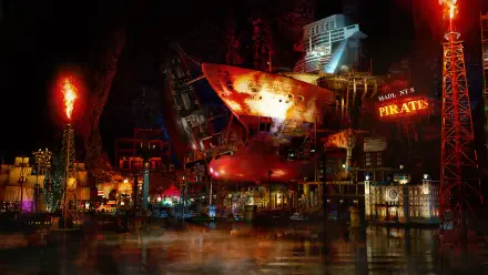 HD wallpaper depicting a vibrant scene from the video game Like a Dragon: Pirate Yakuza, featuring a striking pirate ship illuminated by colorful lights in a lively Hawaiian setting.