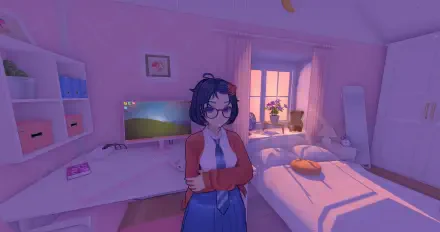 A 4K Ultra HD PC desktop wallpaper by MiSide featuring a cozy, softly lit bedroom with a character standing near a desk and bed under warm window light.