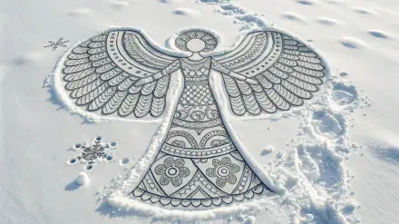 HD PC desktop wallpaper featuring an intricately detailed angel snow drawing in fresh winter snow, combining snow angel art with delicate outdoor decoration.