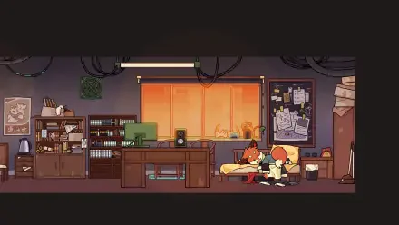 A cozy scene from the video game *Threefold Recital*, featuring two characters in a warmly lit room filled with books, a desk, and a window showcasing a glowing sunset.