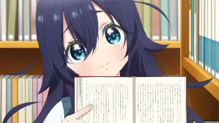 Anime scene from The 100 Girlfriends Who Really Really Really Really Really Love You, featuring a girl with blue eyes happily reading in a cozy library setting. HD desktop wallpaper.