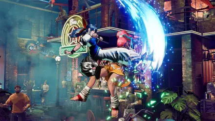 An action-packed scene from the video game Fatal Fury: City of the Wolves, showcasing a dynamic character move against a vibrant urban backdrop in this HD PC desktop wallpaper.