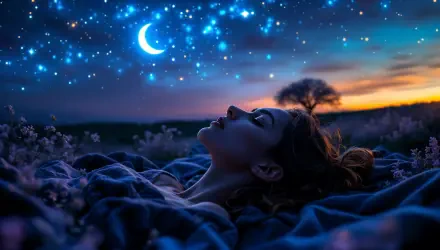 A serene scene of a person gazing at a starry sky, with a crescent moon illuminating the night, perfect for stargazing. A stunning 4K Ultra HD desktop wallpaper.