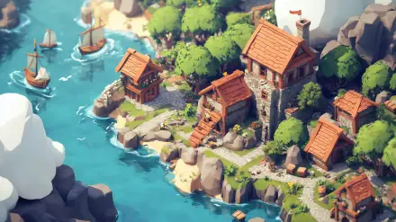 Isometric RPG town scene featuring charming houses and lush greenery alongside a scenic river, with boats gently floating, creating a vibrant and immersive backdrop for a desktop wallpaper.