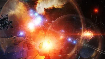 An explosive scene from the video game EVE Online, showcasing a vibrant Galactic Attack with dynamic colors and intricate space battles in 4K Ultra HD quality.