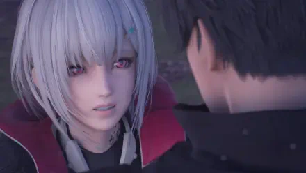 A character from the video game SYNDUALITY Echo of Ada, with silver hair and striking features, engages in an intense moment with another character in this HD PC desktop wallpaper.