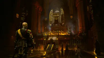 8K Ultra HD wallpaper featuring a dramatic Helldivers 2 scene titled Liberty!, with a lone soldier facing a fiery, imposing altar inside a dark, cavernous temple.