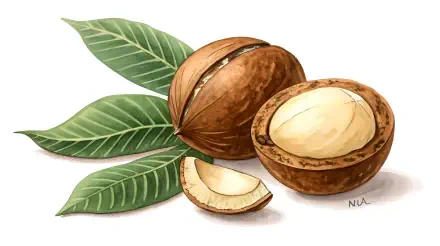 A beautifully illustrated arrangement of macadamia nuts and green leaves, presented as a vibrant 4K Ultra HD PC desktop wallpaper and background.