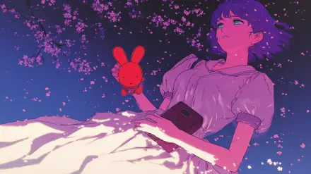 A retro anime-themed wallpaper featuring a purple-haired girl lying in a dreamy landscape, holding a red bunny toy amidst blooming flowers. HD quality enhances the vibrant colors.