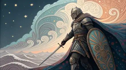 A medieval knight stands with sword drawn and shield at the ready, set against a beautifully illustrated sky of swirling clouds and stars in this 4K Ultra HD wallpaper.