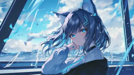 A vibrant HD PC desktop wallpaper featuring Shiroko Sunaookami from Blue Archive, showcasing her with striking blue eyes and cat ears against a bright, cloudy sky.