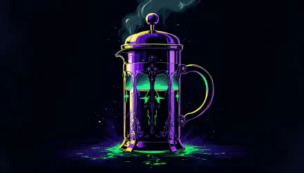 A neon-lit purple French press emits steam, set against a dark background in a vibrant 4K Ultra HD coffee-themed desktop wallpaper.