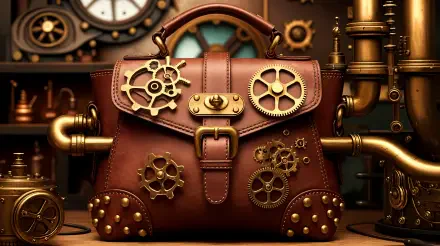 A detailed steampunk handbag with gears and studs, set against a backdrop of ornate machinery, captured in vibrant colors for a 4K Ultra HD PC desktop wallpaper.