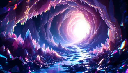 A stunning crystal cave features vibrant, shimmering crystals and a reflective water surface, illuminated by a glowing light at the center, presented in 4K Ultra HD quality.