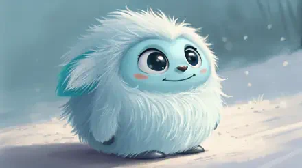 A cute and fluffy creature with big eyes and soft, blue fur stands on a snowy surface, creating a whimsical and inviting atmosphere, perfect for a 4K Ultra HD desktop wallpaper.