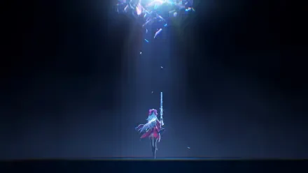 A captivating HD wallpaper featuring Carlotta from the video game Wuthering Waves, standing strong under a beam of light with a sword, surrounded by ethereal fragments.