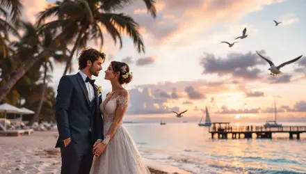 A romantic couple stands on a beach at sunset, surrounded by palm trees and flying birds, capturing a serene honeymoon moment in a stunning 4K Ultra HD background.