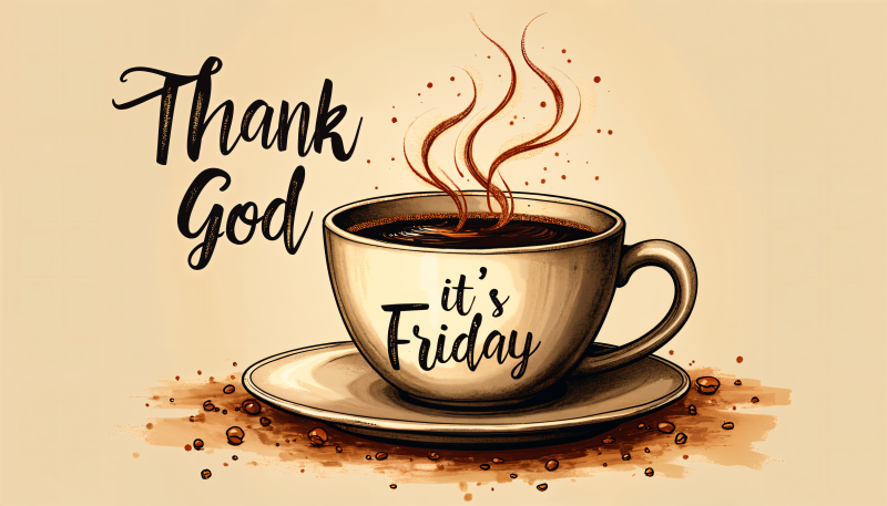 {{ A warm coffee cup with steam rising, alongside the phrase Thank God it's Friday, serves as a vibrant 4K Ultra HD desktop wallpaper and background. 