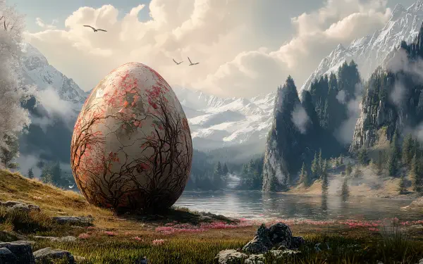 A large, ornate fantasy egg rests beside a serene lake, surrounded by mountains and blooming flowers, captured in stunning detail as a 4K Ultra HD desktop wallpaper.