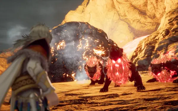 A character faces fiery creatures in a dramatic landscape, capturing a moment from the video game Romancing SaGa 2: Revenge of the Seven in this HD PC desktop wallpaper.