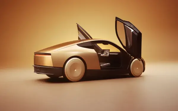 A sleek Tesla robotaxi, styled as a Cybercab, features a futuristic design with gold accents and upward-opening doors, set against a warm, minimalist background.