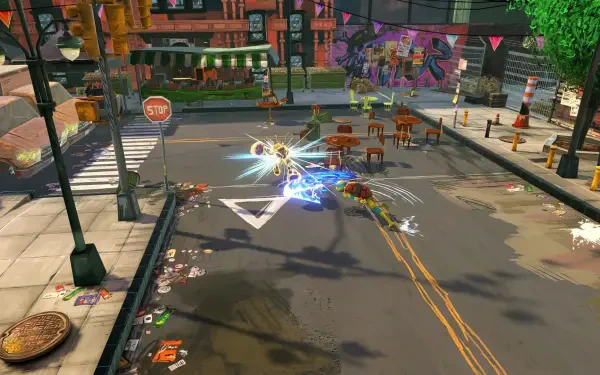 A vibrant HD desktop wallpaper featuring the Teenage Mutant Ninja Turtles from Mutants Unleashed, showcasing action in a bustling city street scene.