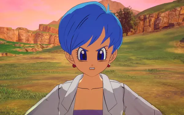 Bulma from DRAGON BALL: Sparking! ZERO stands confidently in an expansive landscape, showcasing her determined expression in this HD PC desktop wallpaper.