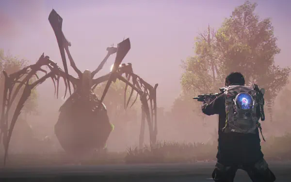 An intense scene from the video game Shadow Of The Damned: Hella Remastered, featuring a character facing a monstrous creature in a foggy, atmospheric environment.