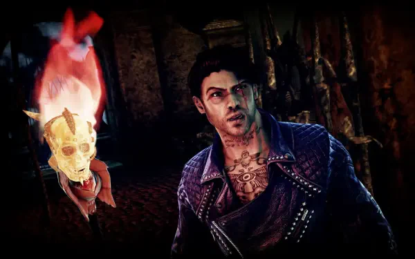 A character from Shadow Of The Damned: Hella Remastered stands in a dark environment, accompanied by a glowing, animated skull. This HD wallpaper captures the game's intense atmosphere.