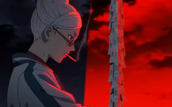 HD PC desktop wallpaper of Seiko Ayase from Dandadan in anime style — side profile with glasses and cigarette against a dramatic red sky and a towering column of poles.