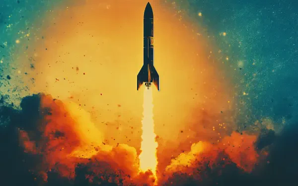 A vibrant rocket launch illuminates the sky, surrounded by colorful clouds and sparks, captured in stunning 4K Ultra HD for an impressive PC desktop wallpaper and background.