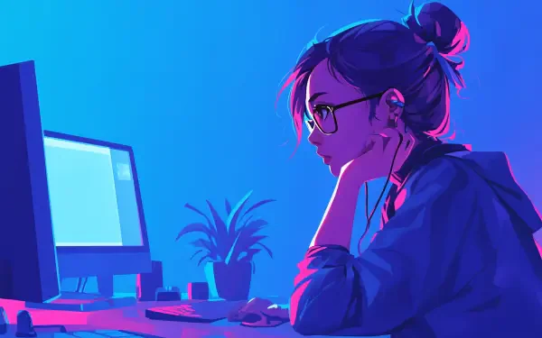 A woman programmer sits at a desk, focused on her computer screen, with headphones on. The scene is illuminated in vibrant blue and purple hues, creating a tech-inspired ambiance.