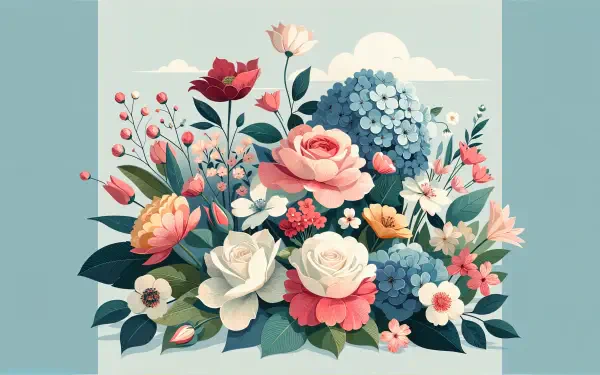 Aesthetic floral arrangement featuring colorful roses, hydrangeas, and various blossoms against a light blue background, designed as a 4K Ultra HD desktop wallpaper.