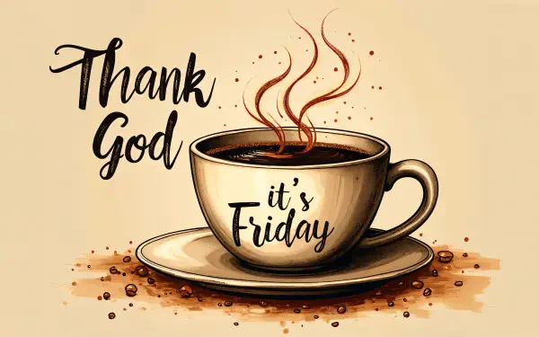 A warm coffee cup with steam rising, alongside the phrase Thank God it's Friday, serves as a vibrant 4K Ultra HD desktop wallpaper and background.