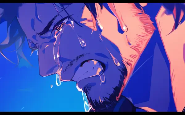 A dramatic anime illustration depicting a man crying, with tears streaming down his face, set against a vibrant blue background. This 4K Ultra HD wallpaper captures deep emotion.