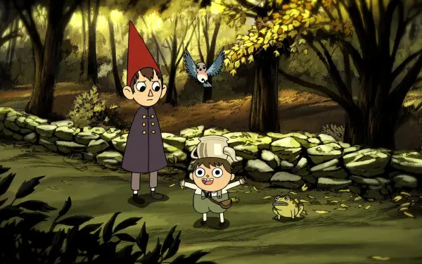 HD desktop wallpaper featuring characters from the TV show Over the Garden Wall in a forest setting with a stone wall and autumn foliage.