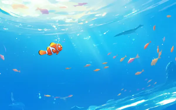 A vibrant HD desktop wallpaper featuring Marlin from *Finding Nemo*, swimming amidst colorful fish in a bright underwater scene. Bubbles and light create a serene ocean atmosphere.