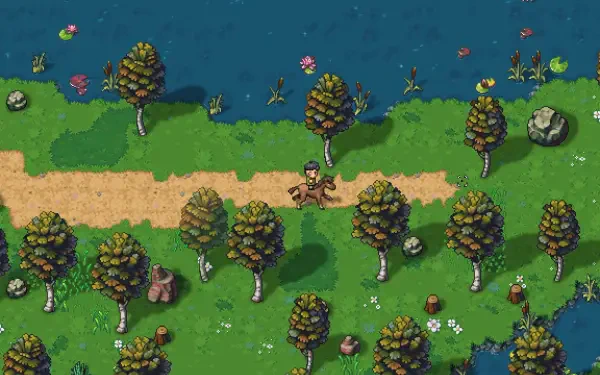 A vibrant scene from the video game Streets of Rogue 2, featuring a character navigating a woodland path surrounded by lush trees and serene water. HD PC desktop wallpaper.