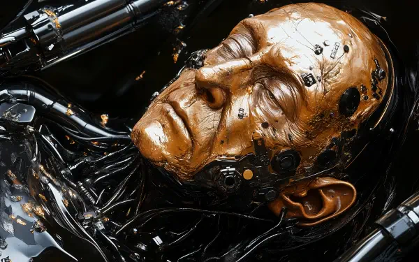 A sci-fi themed close-up of a metallic, golden-faced man in a futuristic setting, embodying the essence of a dying god emperor. 4K Ultra HD quality wallpaper.