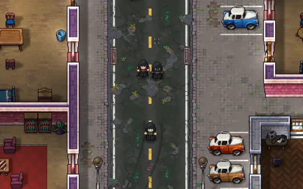 A top-down view of a city street from Streets of Rogue 2, featuring characters on a cracked road with vintage cars parked along the sides, all rendered in vibrant HD graphics.