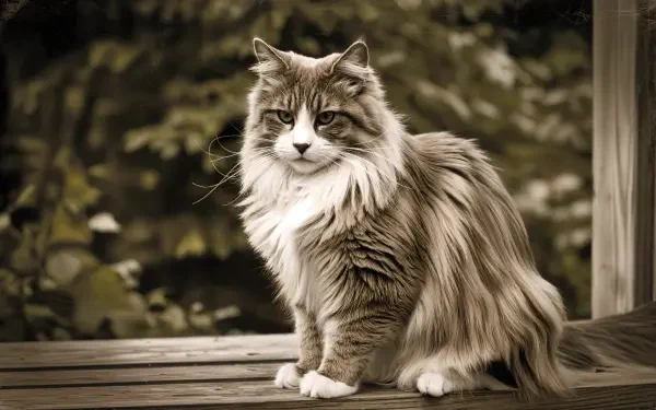 A majestic Maine Coon cat sits gracefully on a wooden surface, surrounded by a blurred natural backdrop, captured in stunning 4K Ultra HD detail.