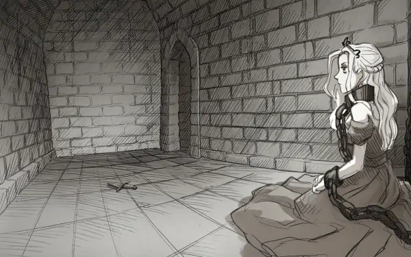 A detailed 4K Ultra HD wallpaper for Slay the Princess — The Pristine Cut, depicting a solemn princess seated in a stone-walled chamber, evoking a sense of intrigue and suspense.