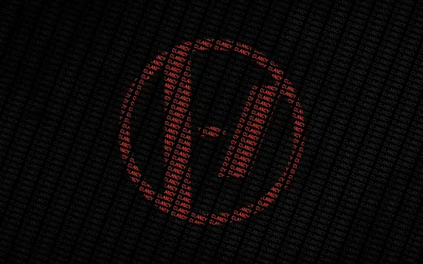Red Twenty One Pilots logo formed from tiny red text on a black textured background — 2K Quad HD PC desktop wallpaper referencing Clancy.