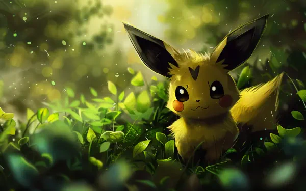 A vibrant Pichu from Pokémon nestled among lush greenery, illuminated by soft light, creating a captivating 4K Ultra HD desktop wallpaper.